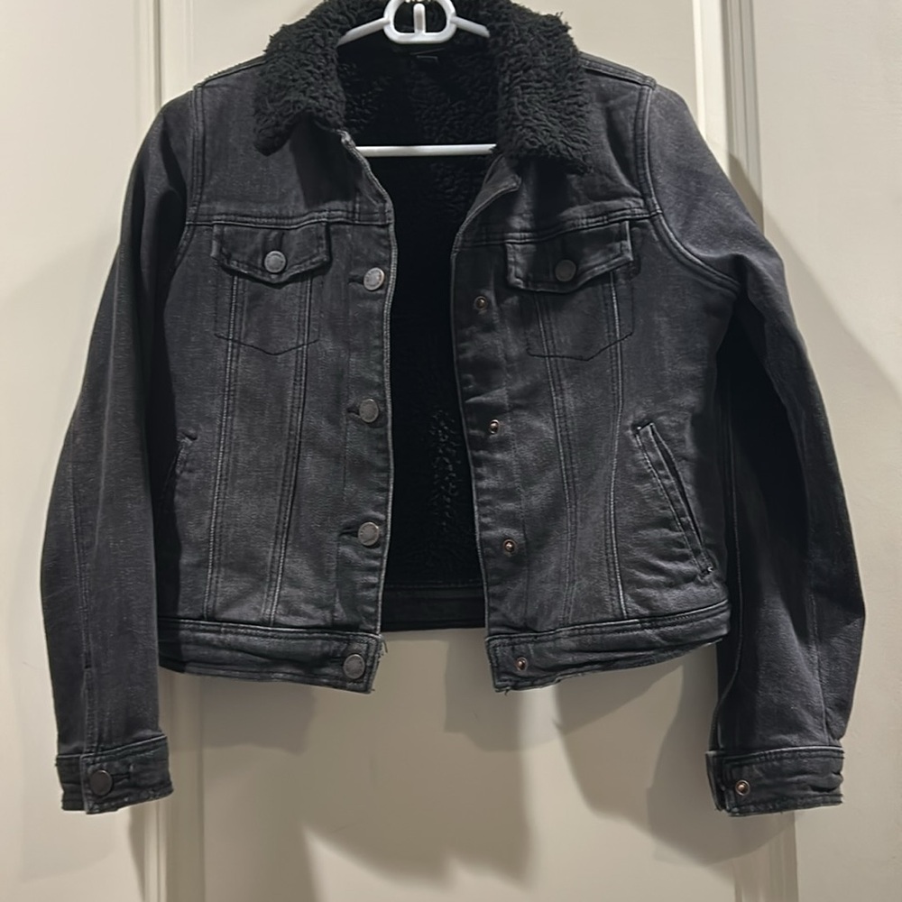 Art Class kid Sherpa lined black snap boxy denimJean jacket pockets size L 10/12